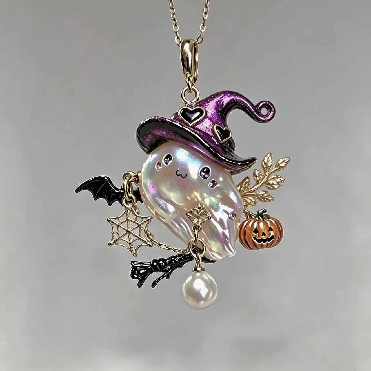 Halloween Pearl Ghost Witch Necklace